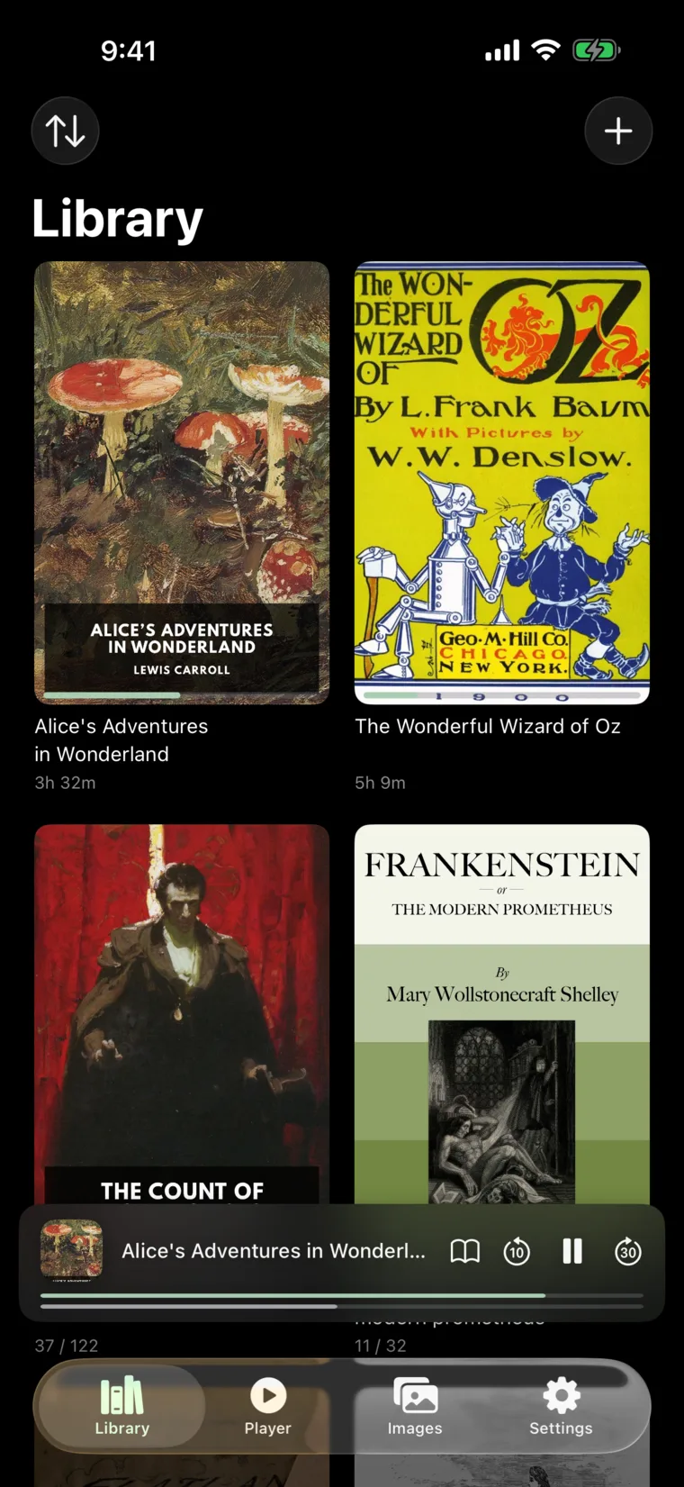 iOS library — cover grid with progress bars