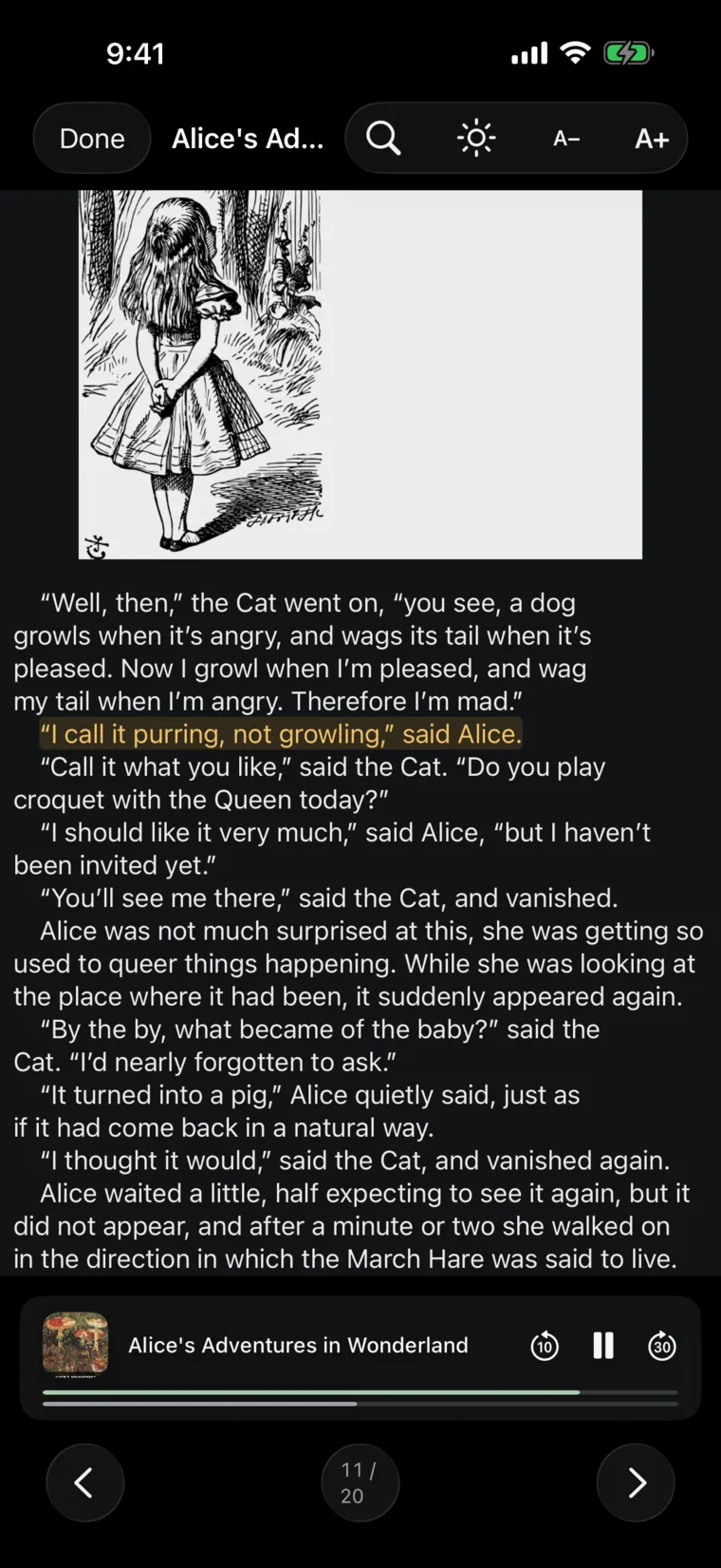 iOS EPUB reader — narrated sentence highlighted in sync